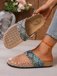 Ethnic Style Mesh Bread Head Half Slipper, Colorful Woven Belt Decoration, Summer Breathable Soft Bottom Outdoor Cool Slippers