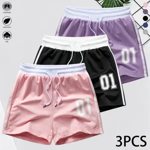 Set of 3 women’s casual shorts—soft and breathable, with numeric prints on the leg panels. Suitable for everyday wear, sports/fitness, and running workouts. Fashionable summer women’s shorts.