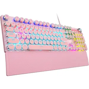 F2088 Typewriter Mechanical Keyboard,  Retro Wired Gaming Keyboard with Blue Switches, Rainbow Backlit, Round Keycaps, Media Knob & Removable Wrist Rest