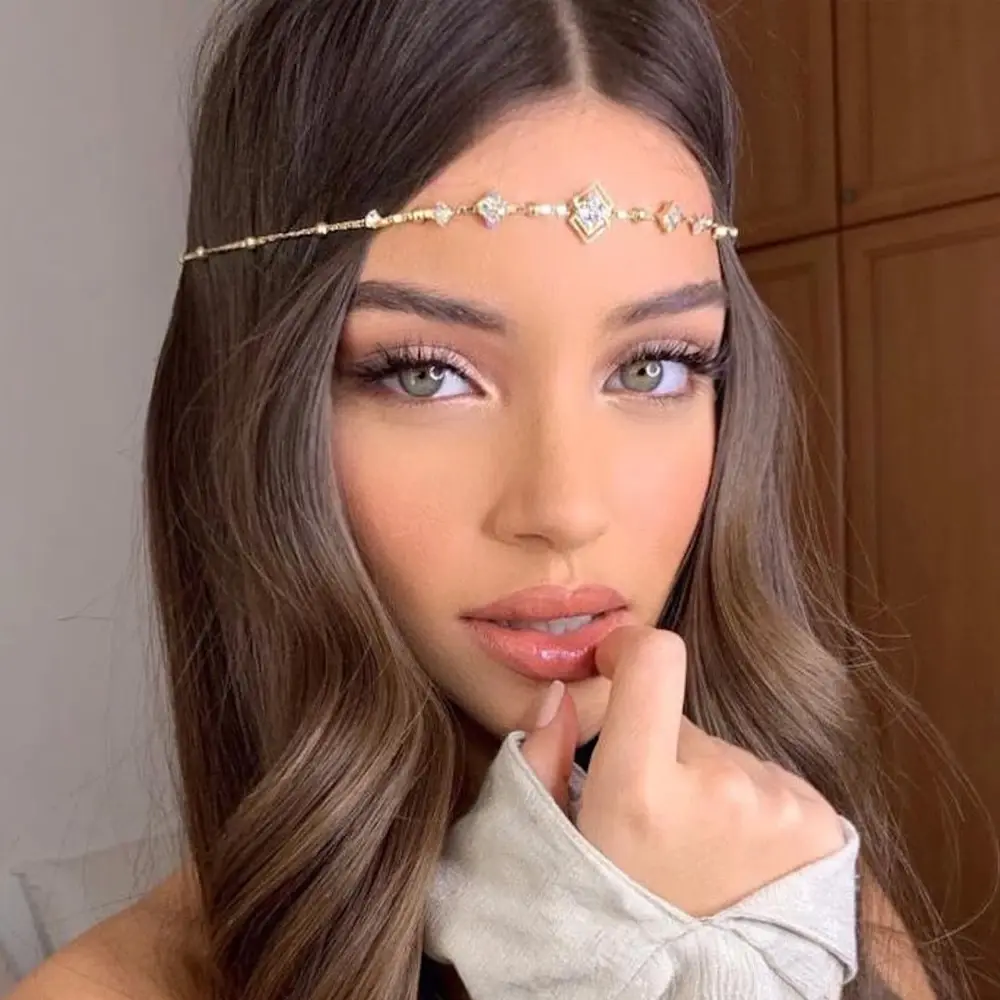 JEWEL4U - Elegant Boho Square Forehead Chain Headband Hair Decoration Fashion Gift Indian Rhinestone Head Chain Princess Jewelry Gift