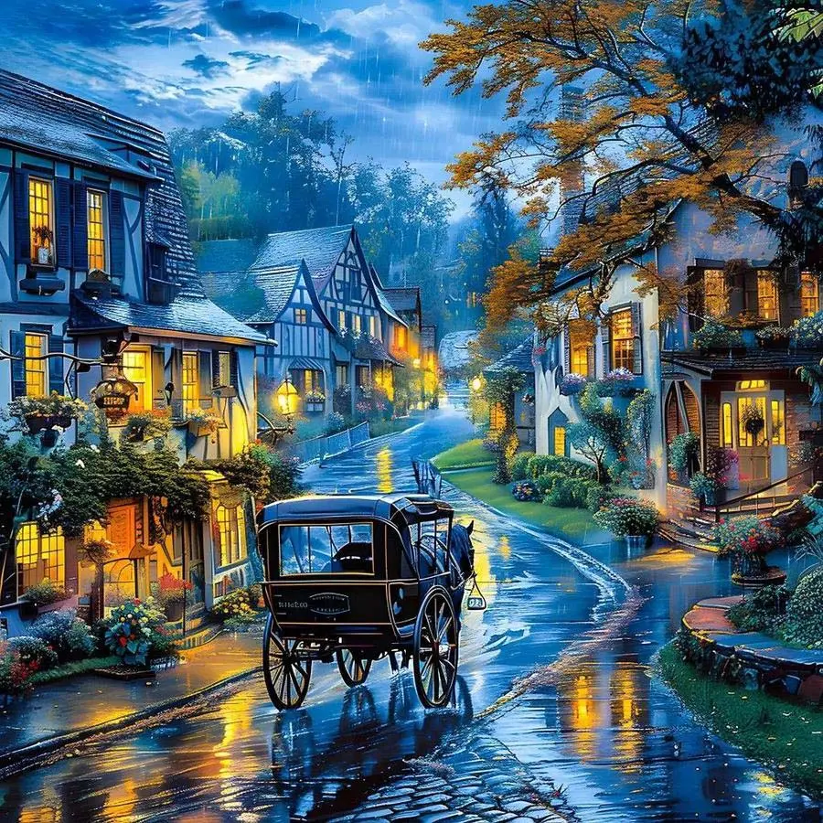 5D DIY Full Drill Round Diamond Painting - Diamond Art Painting Kit Village in the Rain Mosaic, Canvas - DIY Decorate Painting, Home Wall Decor, Suitable for Halloween and Christmas, Birthday and Anniversary Gifts, DIY Diamond Arts