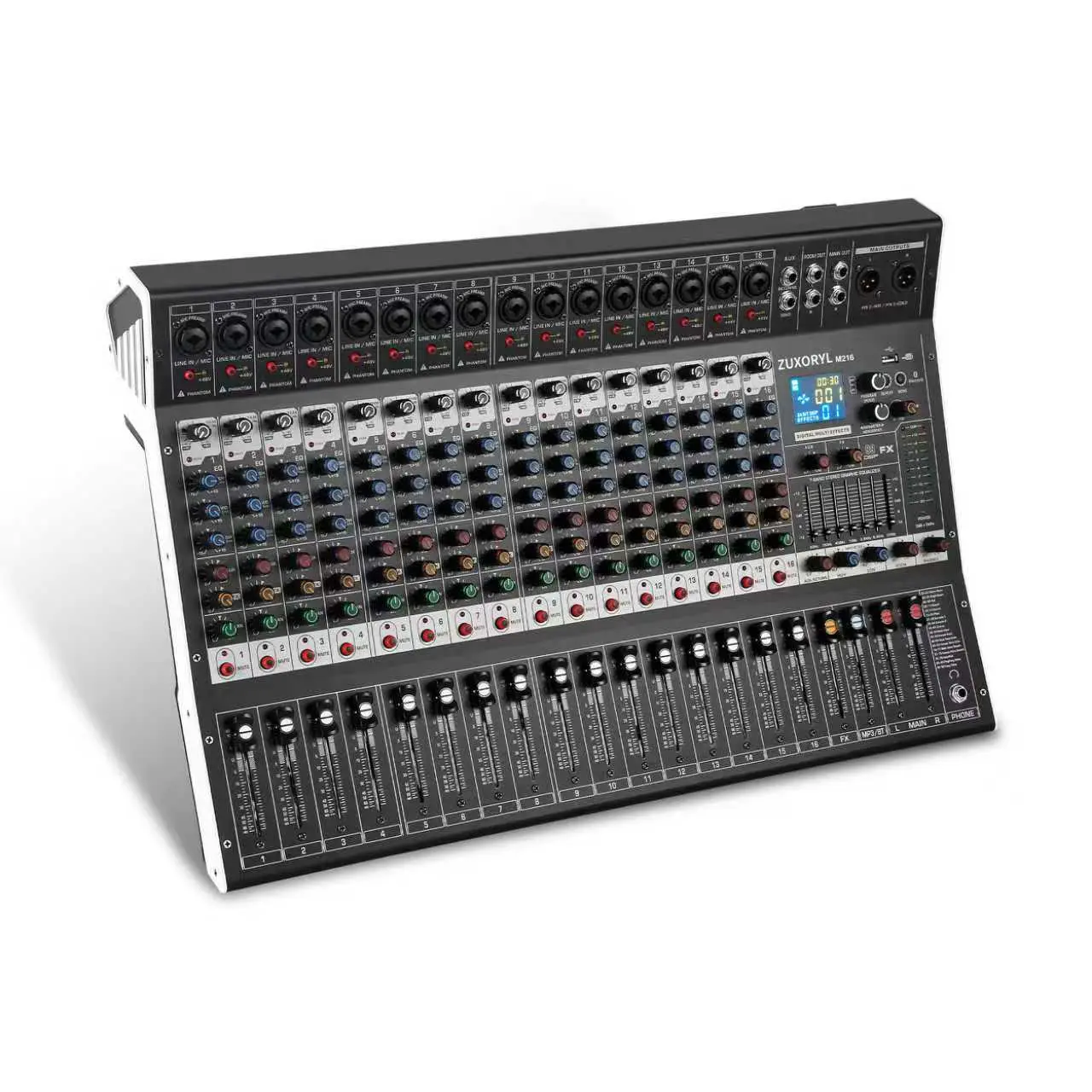 16-Channel Digital Professional Audio Mixer with Wireless Bluetooth Streaming, USB Interface, XLR/RCA Ports, Individual Mute Switches, 99 DSP Reverb Effects, 48V Phantom Power, 7-Band EQ, Recording Capability, Karaoke Function - for Live Stage, Studio, We