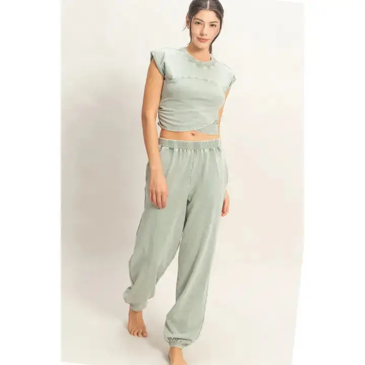 Women's 2-Piece Casual Wide Leg Capri Outfit Set - Cropped Sleeveless Top & Jogger Pants, Sage Womenswear, Wide Leg Capri Two-Piece Pants & Top Sets