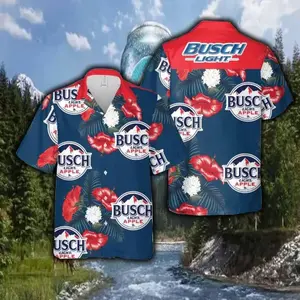 Beer Busch Apple Hawaiian Shirt Men Women Navy Red Hibiscus Floral Print Casual Loose Button Down Beach Vacation Summer Festival Streetwear Unisex Comfy Aloha Fan Gift Top