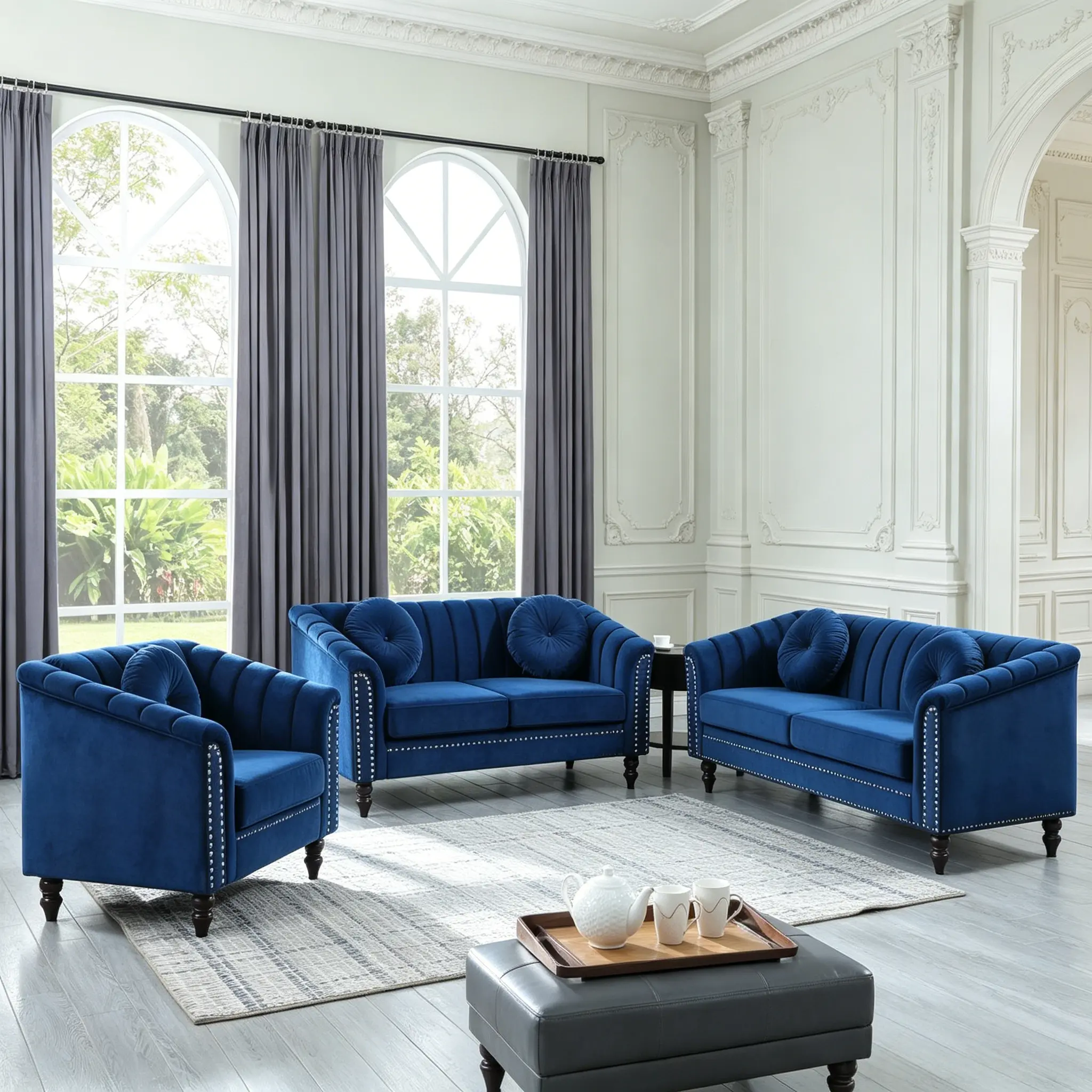 Chesterfield Sofa Set, Luxurious Velvet Chesterfield Settee Couch Set with Sofa Loveseat Chair,Upholstered Rolled Arm with Rivets/5 Button Tufted Pillow Modern Sofa Living Room Set(3PCS Set),dorm essentials,home decor