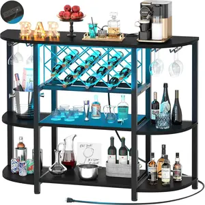 Home Bar Table, Wine Rack, Freestanding Storage Table, Stylish Utensils Bottle Grid Wooden Metal Coffee Sturdy Metal Coffee Glass Kitchen Adjustable Power Outlets, Led Lights