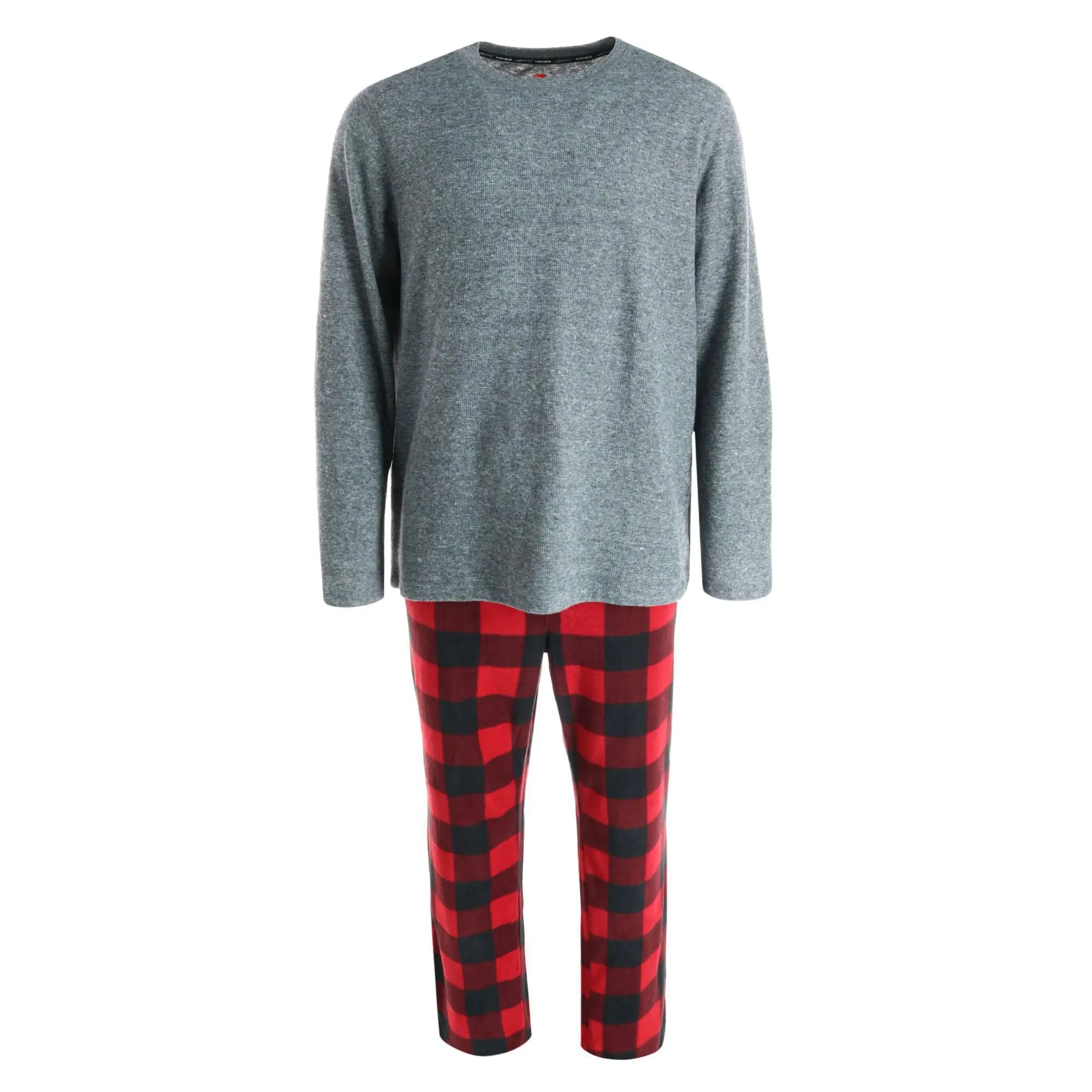 Hanes Men's 2-Piece Pajama Set - Menswear Sleepwear with Crew Neck Soft X Temp Thermal Top, Plaid Micro Fleece Pants, ComfortFlex Waistband, Buttons, Side Pockets, Embroidery, Casual Loungewear