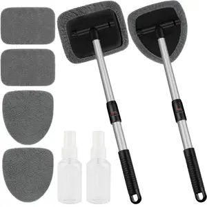 Car Interior Windshield Window Cleaning Tool Kit, Equipped with 4 Reusable Microfiber Pads, 2 Extendable Handles and 2 Spray Bottles, Multifunctional Glass Wiper for Automotive Windshield and Household Windows