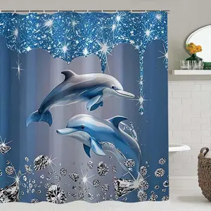 Creative Dolphin Diamond Print Shower Curtain Set, Includes Bath Mat, Toilet Lid Cover, U-Shaped Pad, Polyester Fiber Bathroom Decor Gift, Bathroom Decoration Accessories, Bathroom Supplies