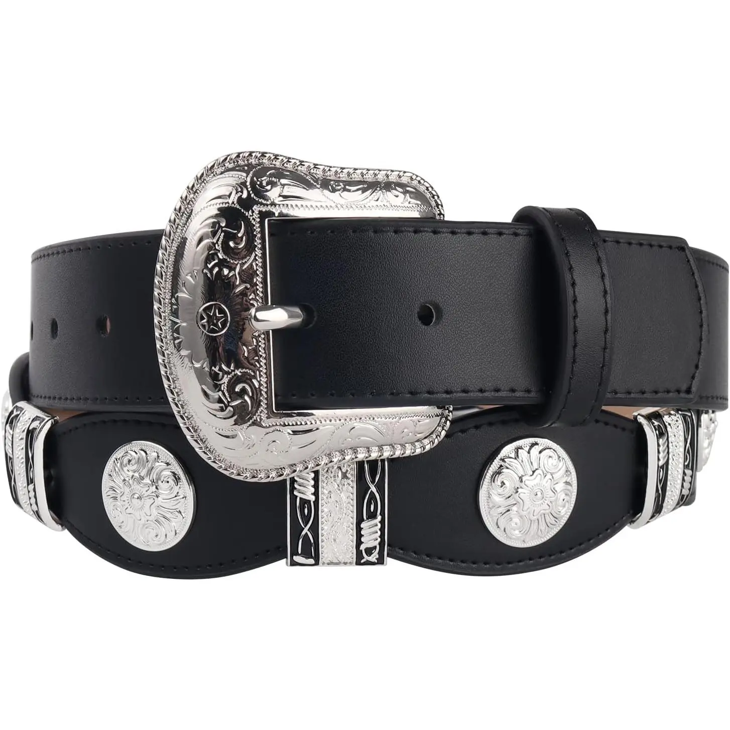 Men's Full Grain Leather Western Ranger Belts - Scalloped Design, Silver Conchos, Removable Buckle, Adjustable, Multi-Size, Unisex Casual Wear Accessory