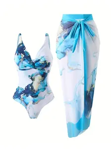 Women's One Piece Swimsuit with Cover Up Skirt - Floral Print Bikini Set Two Piece Bathing Suit Beach Swimwear for Teens & Adults
