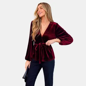 Women's Elegant Velvet Wrap Blouse with Tie Belt - Cupshe-S-Red