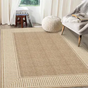 GARVEE Washable Rug 5x7 for Bedroom Large Living Room Rug with Rubber Backing Casual Striped Border Throw Carpet Modern Contemporary Area Rug for Dining Room Nursery Entry, Khaki