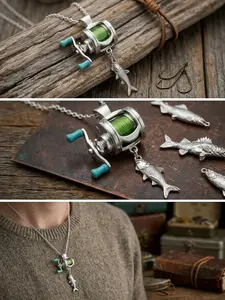 Fishing Reel Necklace, Mini Fishing Reel Necklace for Men with Rotating Handle, Silver Fish Necklace Pendant, Fashion Cool Accessories