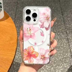 Magnetic Compatible Case suitable for iPhone 17 16 15 14 13 12 11pro promax plus, Pink Flowers MagSafe Compatible, transparent phonecase stuff,Aesthetic Pattern Design,cutephonecases