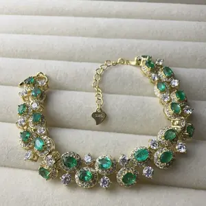 <PingEast jewelry > Emerald bracelet--925 Sterling Silver Double-Row Bracelet featuring 21 3×4mm pristine, high-fluorescence natural Colombian emeralds, chain length 16cm + 5cm extension, comes with certificate