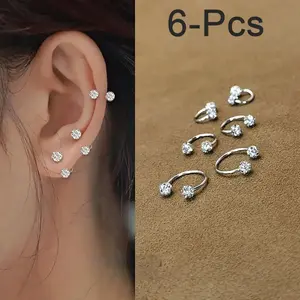 6PCS Exquisite Shiny Women Earrings Set - 3-sizes C-Shaped Drill Ball Earrings Sparkling Inlaid Cubic Zirconia Ear Bone Ear Studs Set Party Wedding Engagement Anniversary Jewelry Gift