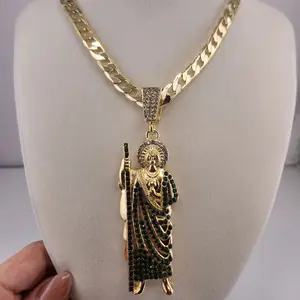 18 - San Judas Tadeo 4" Pendant & Chain 9mm 24" 14K Gold Laminated with Elegant Design and Decorative Elements Unisex Jewelry