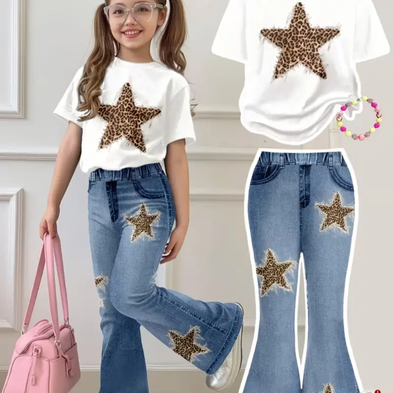 Girls Leopard Star Set, Casual Short Sleeve + T-Shirt, Comfortable Elastic Waist Pants, Spring Summer Sports Wear, Summer Outfits Set, 4-12 Years, Leopard Print Set, Summer Clothing Set