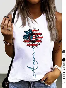 Women's Summer Casual Loose Tank Top with American Flag Floral Print, Soft and Comfortable Homewear Essential, Floral Print Camisoles
