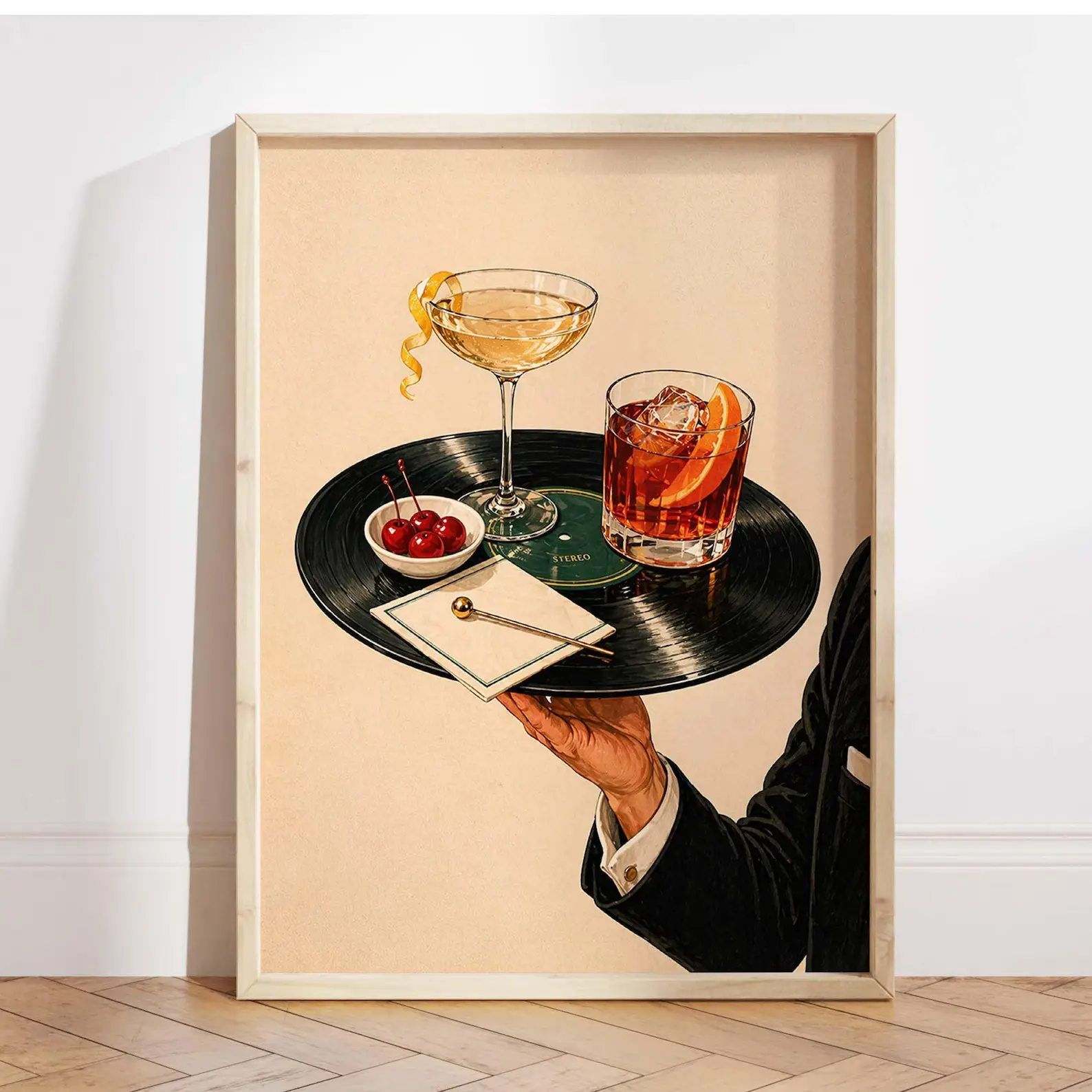 Vintage Cocktail Print, Retro Martini Bar Wall Art, Vinyl Record Lounge Decor, Cocktail Room Poster, Unique Home Gift