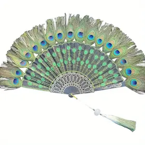 Simulation Peacock Feather Hand Fan Embroidery Peacock Feather Fan Vintage Style Flapper Accessories for Costume Halloween Tea Party Mother'S Day Teacher'S Day Decor Blue AY2139450