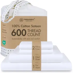 100% Cotton Sheets for Queen Size Bed - 600 Thread Count Queen Bed Sheets Set with 16” Deep Pocket - Sateen Weave 4-Piece Bedding Set with Cooling Effect, White