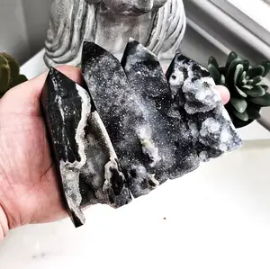 Natural Black Sphalerite Druzy Drusy Geode Healing Crystal Tower Point Obelisk Decor