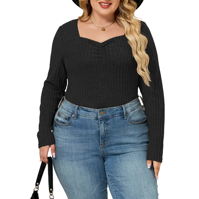VOGARCE Women's Plus Size Black Ribbed Sweater Top, Comfortable Stretch Knit Long Sleeve Shirt with Curve Friendly Fit VPS0235