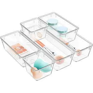 6-Piece Multi-Size Glossy Acrylic Rectangular Drawer Organizer Boxes Set – Clear Storage Trays for Makeup, Kitchen Utensils