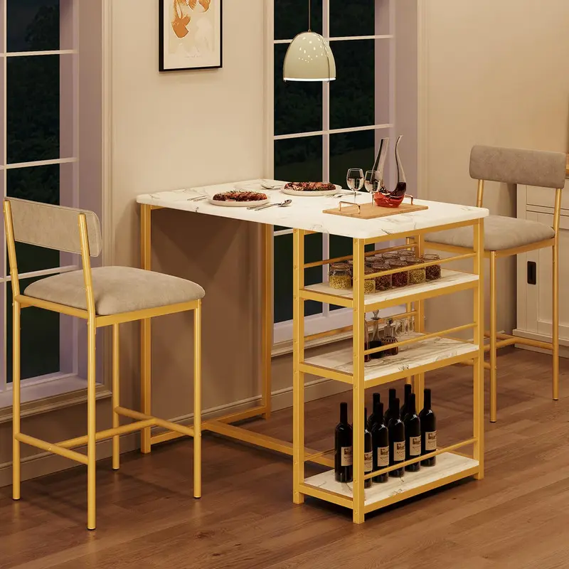 Modern Gold 2-Piece Rectangular Metal Frame Dining Bar Table Set with Wine Rack, 2 Armless Single-Seat Chairs, Stable Space-Saving Apartment Furniture for Studio Apartments, Small Kitchen
