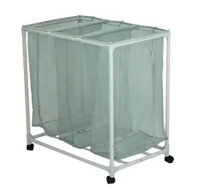 3 Bag Mesh Rolling Sorter Laundry Cart, Soft Silver Organiser Set