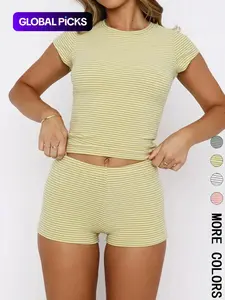 Women's Casual Loungewear Striped Top & Shorts Set, Slim-Fitting Crop/t-Shirt Combo, All-Season Plain Style, Perfect for Daily Wear, Womenswear