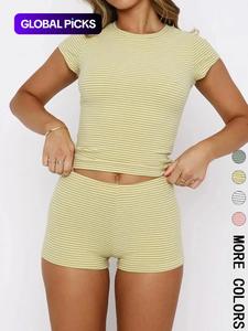 two-piece set women's striped print crop tee & shorts, casual t-shirt & shorts for daily wear, ladies two-piece set for all seasons, clothes, womenswear,  summer 2 piece set