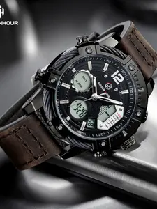 Multifunctional Men's Watch, Vintage Quartz Watch, Leather Wristwatch, Stopwatch, Chronograph, Alarm Clock, Electronic Watch