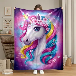 1Pc Dreamy Unicorn Floral Theme Flannel Throw Fluffy Blanket, Lightweight Breathable Skin-Friendly Cozy Plush for Office Nap, Car Travel, Sofa Lounge, Home Relaxation, Perfect Gift for Adults & Friends