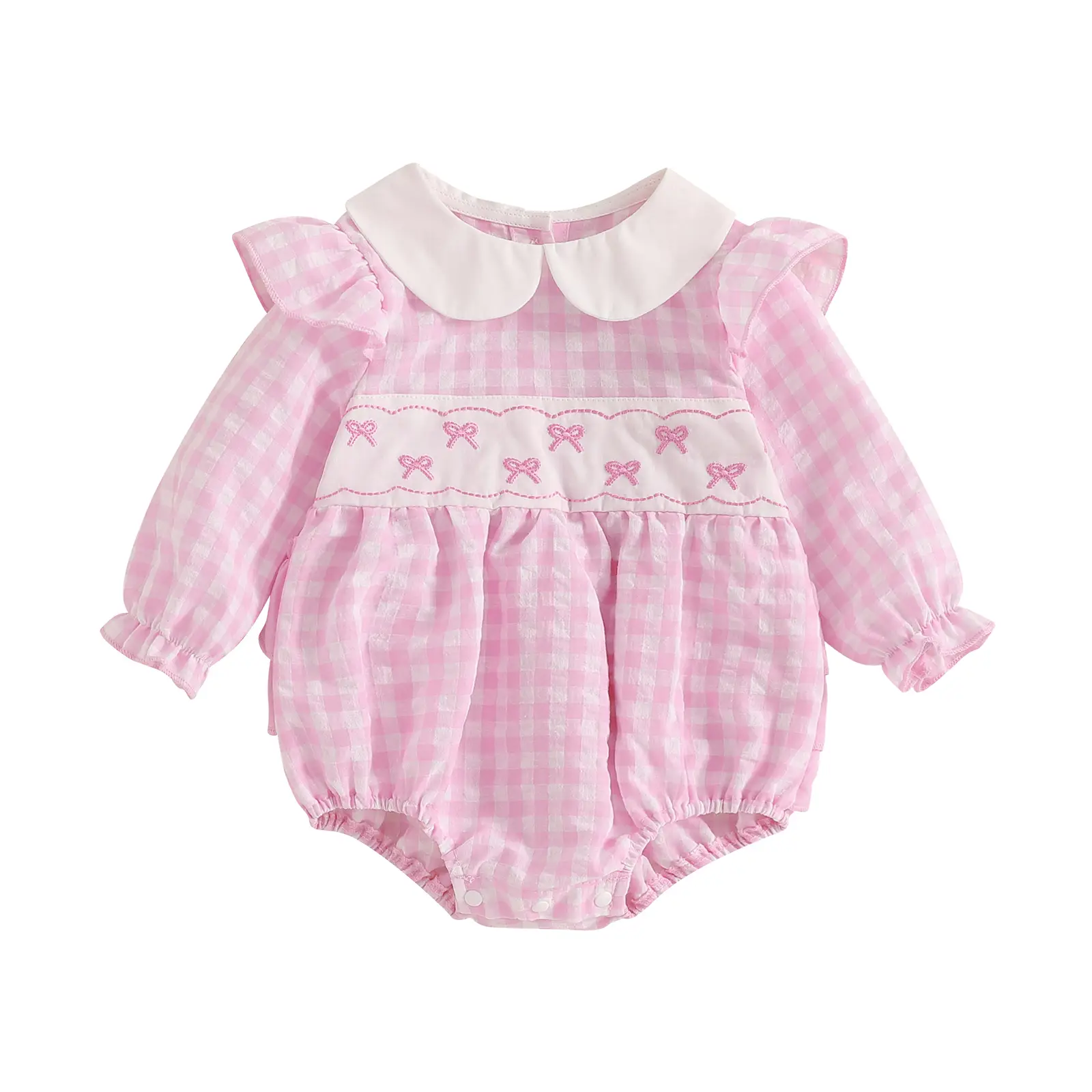 Baby Girl Spring Fall Outfits Infant Bow Embroidery Romper Newborn Doll Collar Onesie Ruffle Long Sleeve Bodysuit Toddler Bubble Rompers Clothes