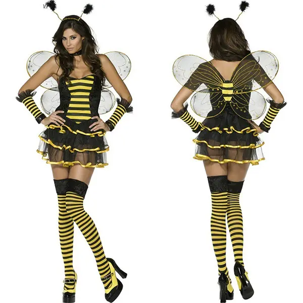 Women's Black Striped Bee Costume Set - Fitted Boat Neck Dress with Wings, Antennae, Gloves, Zip - Animal Insect Themed Clothes for Halloween Parties, All Seasons, Size XL