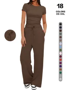 2026 Women's Solid Round Neck Tee & Pants Loungewear Two/Six Piece Set, Casual Comfy Pyjama Set for Women, Comfy Loungewear Set for Daily Home Wear