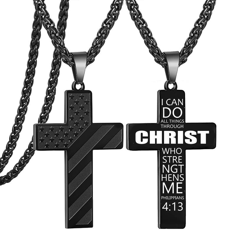 22 Inch Cross Necklace Bible Verse Stainless Steel American Flag Pendant Chain for Men Jewelry Gift