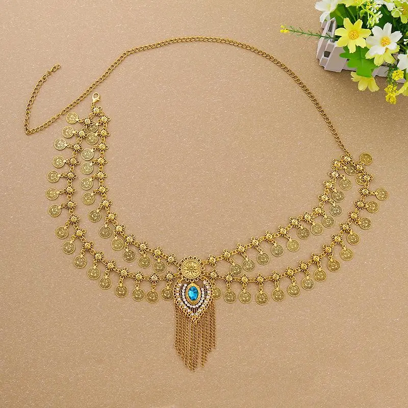 [Bohemian Waist Belt] Double-Layer Coin & Tassel Waist Belt | Elegant Bohemian Vintage-Inspired with Turquoise & Rhinestone Accents | Ideal for Summer Dresses, Beach Parties & Festivals