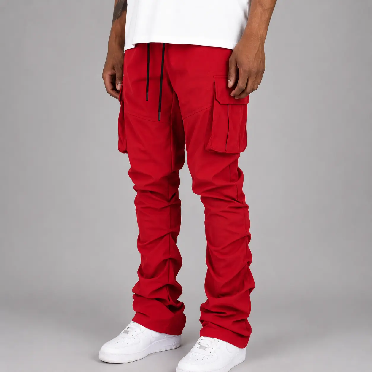 R - Stacked Flare Nylon Cargo -  Red - 422