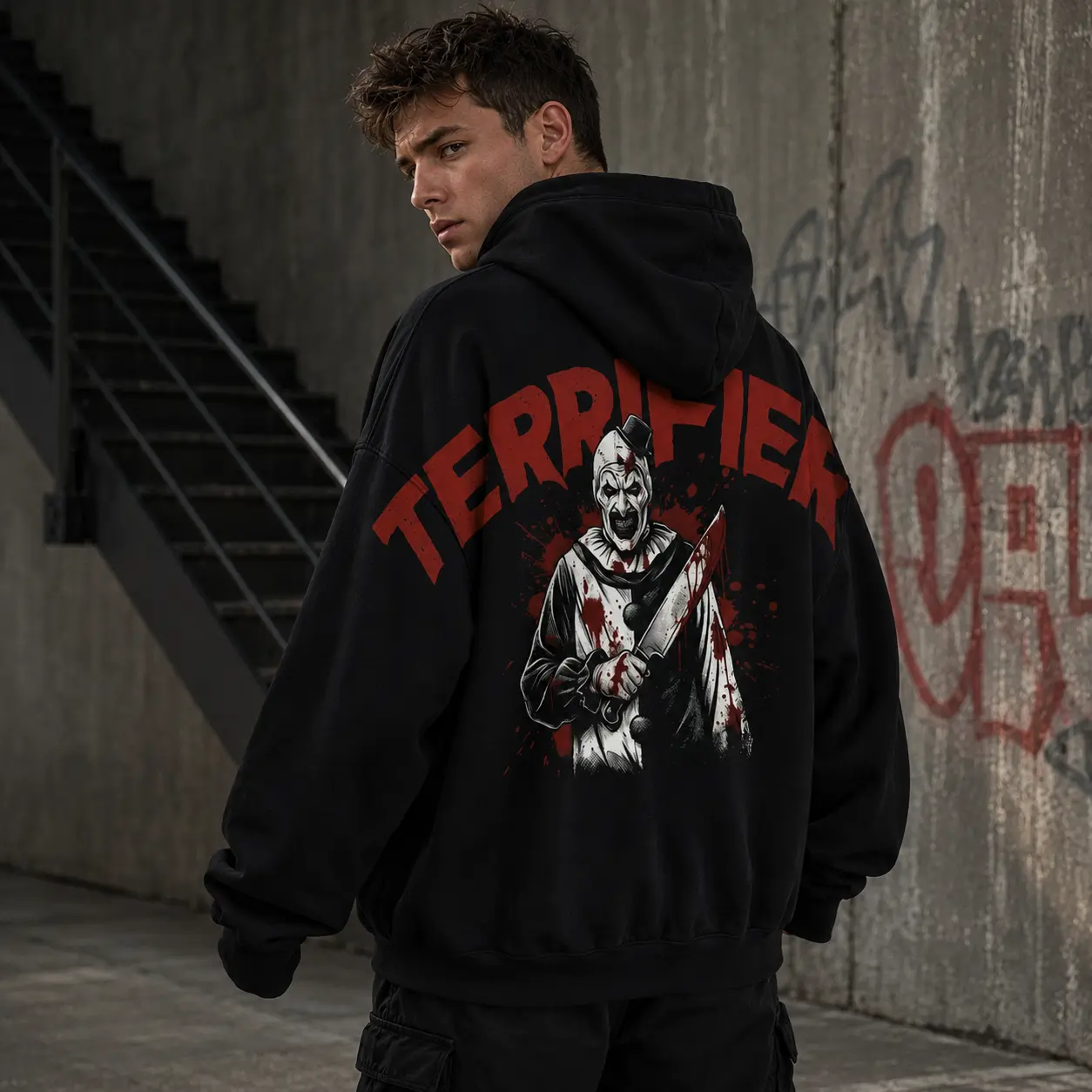 Shoulder-to-Shoulder Terrifier Art The Clown Hoodie, Vintage Horror Graphic Hoodie, Halloween Movie Shirt, Spooky Season Fan Gift Unisex
