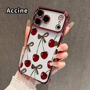 Four Corners Phone Case for iPhone 17 16 Pro Max 15 Plus 14 13 12 11 E Air Cherry Bow Pattern Anti-drop Cellphone Protective Durable Total Coverage Shockproof Phone Cover
