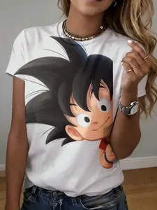 women's short sleeve T-shirt Goku Character Print On White Shirt 3D full-frame printing spring and summer fashion trend exercise women's soccer jersey fresh versatile commuting fashion texture polyester