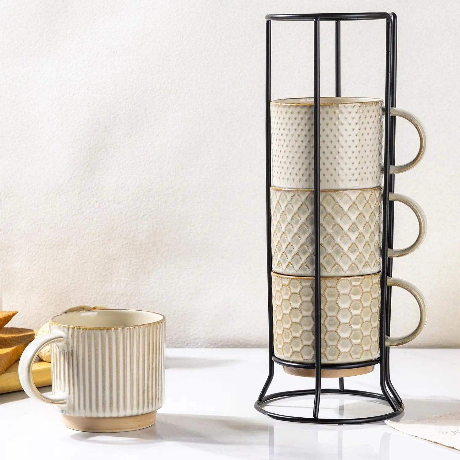 12 oz Stackable Ceramic Coffee Mugs Set of 4 Caramel Textured Cups with Metal Stand