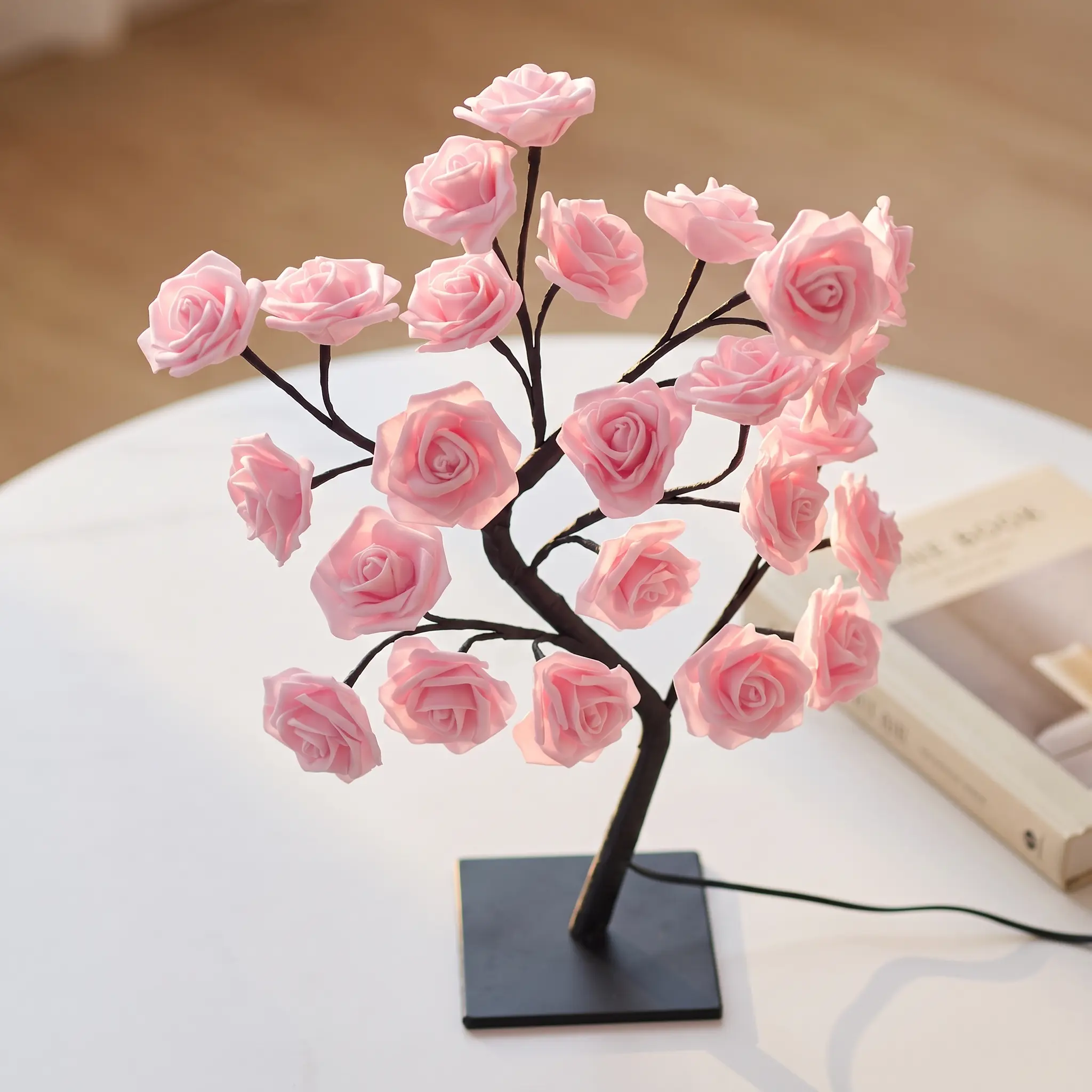 Pink Rose LED Tree Table Lamp - USB-Powered, Bendable Branches for DIY Shaping, Realistic PE Foam Petals, Stable Square Base Decorative Night Light for Bedroom, Valentine’s Gift