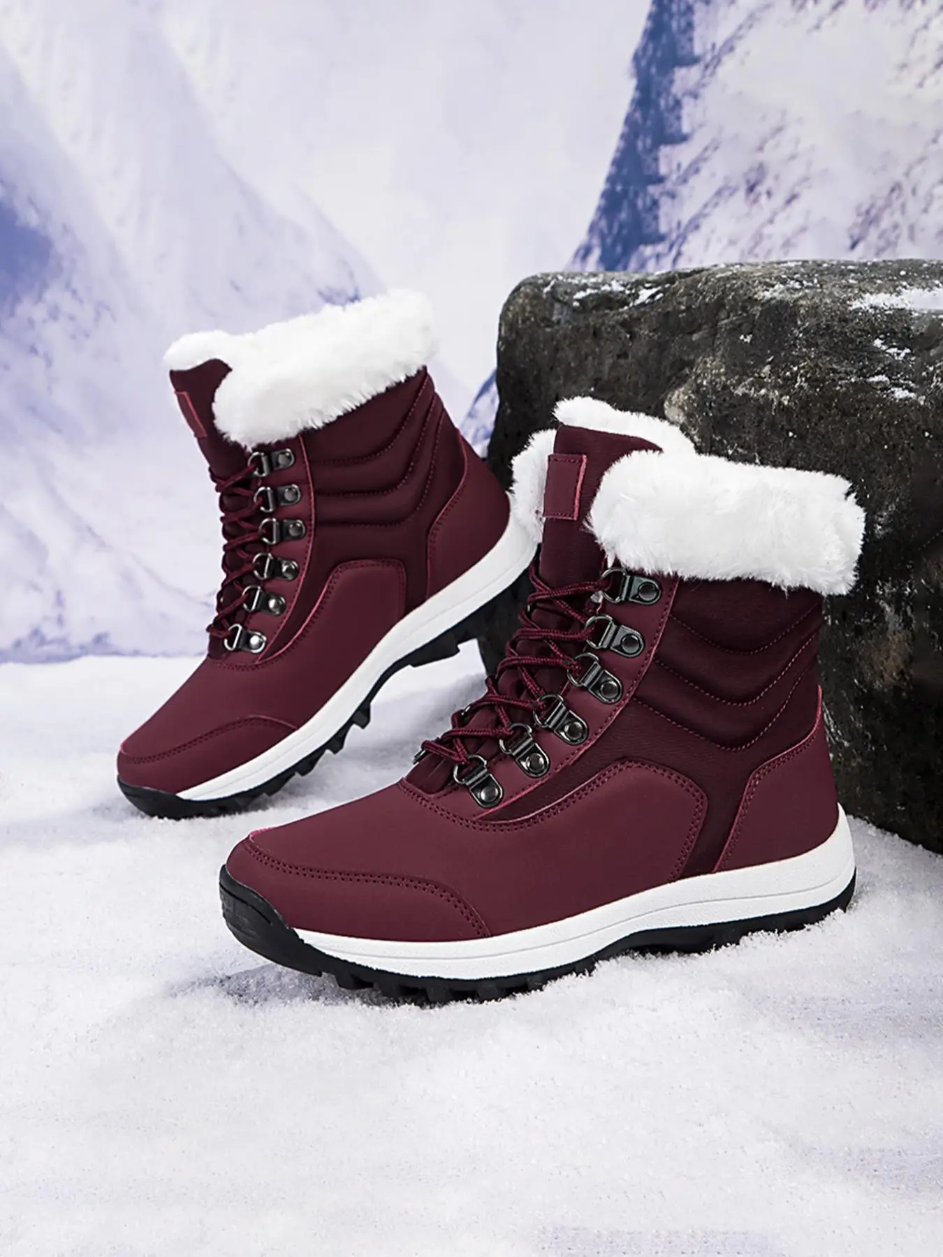 Women's Solid Color Design Thermal Lined Anti-slip and Windproof Hiking Shoes, Casual Sporty Warm Snow Boots for Fall & Winter, Non-slip Outdoor Sport