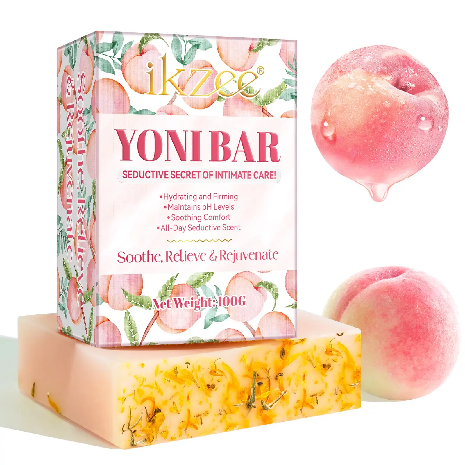 Ikzee Peach Private Soap, containing a randomly colored foaming net, with rich and creamy foam, it gently cleanses the skin and cares for it. A bath soap, Cleanser, Soothing, Gentle Cleansing Soap, Bath Products, Body Care Product