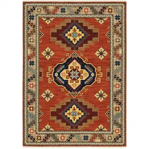 HomeRoots 509259 8 x 11 ft. Red Gold Blue Brown Oriental Power Loom Stain Resistant Rectangle Area Rug with Fringe